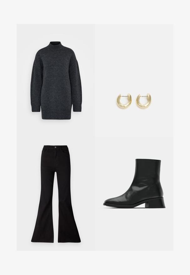 Vero Moda Tall VMIRIS HIGHNECK - Džemper - dark grey melange; Mustast flaierd denimsinist, kõrge vöökoht, eesmine taskud ja suur avaus nohikutel, et luua laia jala siluett.; Must musta, tehtud läikivast nahast, omades elegantset disaini, teravat varvast ja mõõdukat plokknina, mis tagab stabiilsuse.; Kuldkattega rõngaskõrvarõngad sujuva, poleeritud viimistlusega. Omavad poolringikujulist vormi ja turvalist postikinnitust.