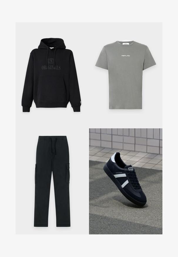 Zwarte capuchontrui met voorzak en subtiel ontwerp met "ORIGINALS" tekst en embleem op de borst.; Grijze katoenen t-shirt met korte mouwen en een ronde hals, met een witte "REPLAY" logo op de voorkant. Eenvoudig, ongecompliceerd ontwerp.; Zwarte cargobroek met een elastische tailleband, trekkoord en zijzakken. Gemaakt van een glad, duurzaam materiaal; met rechte pijpen.; Zwarte leren sneaker met witte strepen, een gestructureerde rubberen zool en vetersluiting aan de voorkant. Voorzien van een merklabel op de tong.