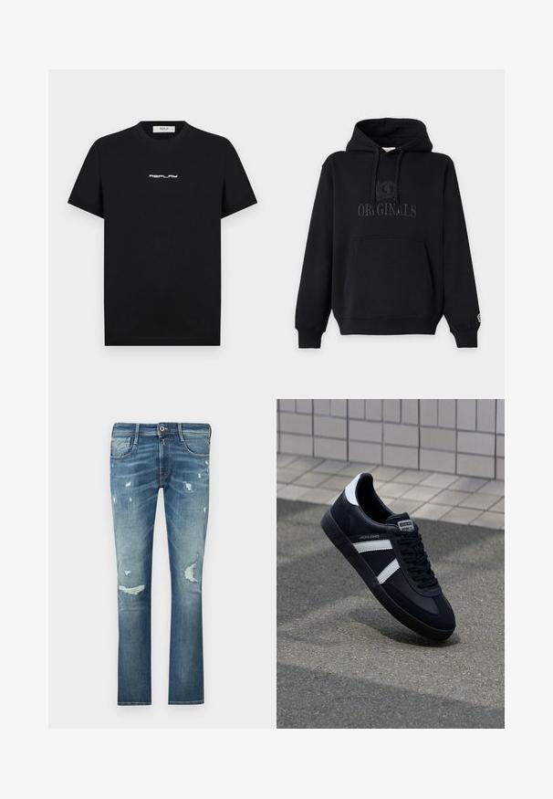 Sweat à capuche noir avec poche kangourou à l'avant et motif discret de texte et emblème "ORIGINALS" sur la poitrine.; T-shirt en coton noir à manches courtes et col rond, arborant un logo blanc "REPLAY" centré sur la poitrine.; Jean slim bleu avec lavage délavé et patchs usés sur les cuisses et les genoux, bouton à l'avant et poches visibles.; Sneaker en cuir noir avec des rayures blanches, semelle en caoutchouc texturée et devant à lacets. Présente une étiquette de marque sur la languette.