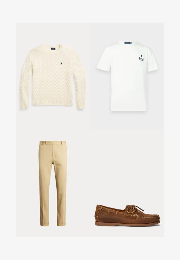 Cremefarbener Strickpullover mit Zopfstrickmuster, langen Ärmeln und dem Polo Ralph Lauren Logo, das auf der linken Brust gestickt ist.; Weißes Baumwoll-T-Shirt mit Rundhalsausschnitt, kurzen Ärmeln und einem blauen "POLO Ralph Lauren"-Logo auf der linken Brust.; Beige Herren-Anzughose mit Gürtelschlaufen und gekrempelten Säumen, vor einem schlichten hellen Hintergrund präsentiert.; Brauner Leder-Bootsschuh mit Mokassin-Naht, Schnürdetail durch Metallösen und flacher Gummisohle, seitliche Ansicht.