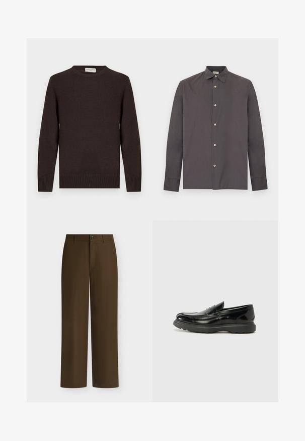 Pull en tricot marron avec un col rond, des poignets côtelés et un ourlet côtelé. Texture lisse sans motifs ni accents. Design simple et forme classique.; Chemise à manches longues gris foncé avec col et boutons beiges, présentée à plat sur un fond blanc.; Pantalon marron droit avec passants de ceinture, fermeture avant par bouton et zip, présenté sur un fond clair uni.; Mocassin en cuir noir avec une finition brillante, bout arrondi, détails de couture subtils et semelle en caoutchouc épaisse pour la durabilité.