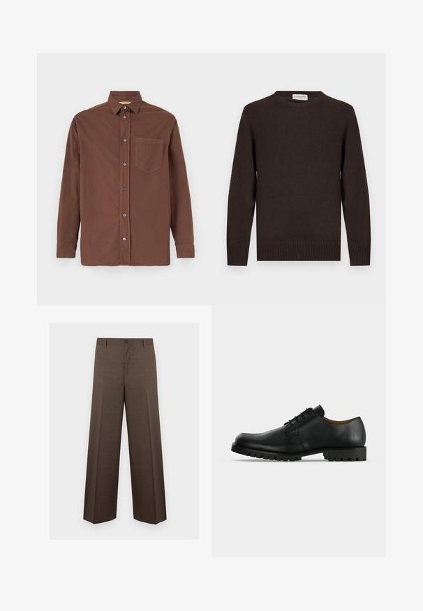 Bruine gebreide trui met een ronde hals, geribbelde manchetten en zoom. Gladde textuur zonder patronen of accenten. Eenvoudig ontwerp en klassieke vorm.; Bruine button-up overhemd met een kraag, lange mouwen, een enkele borstzak en grijze knopen, gemaakt van een geweven stof.; Bruine, wijduitlopende, op maat gemaakte broek met ceintuurlussen en een knoopsluiting, plat liggend op een witte achtergrond.; Zwart leren veterschoen met een dikke, geribbelde zool en lage hak, afgebeeld op een witte achtergrond.
