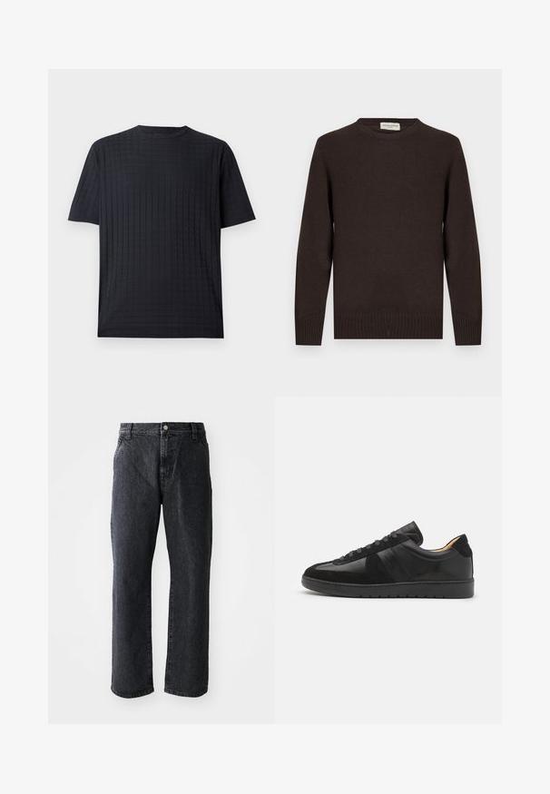 Brun strikket sweater med rund halsudskæring, ribstrikkede ærmekanter og kant forneden. Glat tekstur uden mønstre eller detaljer. Enkel design og klassisk form.; Sort kortærmet t-shirt med et struktureret gittermønster, rund halsudskæring og en afslappet pasform. Lavet af et blødt, let stof.; Sorte denim jeans med lige snit, med knaplukning, fem lommer og subtil tekstur. Klassisk design uden fremtrædende mønstre.; Tiger of Sweden BELLICU - Sneakers - black