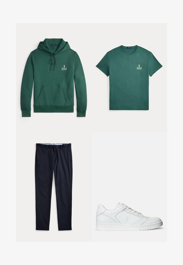 Zelená bavlnená mikina s predným kengurským vreckom, kapucňou so šnúrkami a bielym logom "Polo Ralph Lauren" na hrudi. Mäkka textúra.; Zelené bavlnené tričko s krátkymi rukávmi a okrúhlym výstrihom. Výrazné logo Polo v bielej farbe na ľavej hrudi, hladká textúra.; Pánske spoločenské nohavice námornícko modrej farby s pútkami na opasok, zipsom a bočnými vreckami, položené na bielom pozadí.; Biele kožené tenisky s hladkým povrchom, obsahujúce perforovanú špičku, šnúrkové uzatvorenie a vyšívané logo na boku. Biela gumová podrážka.