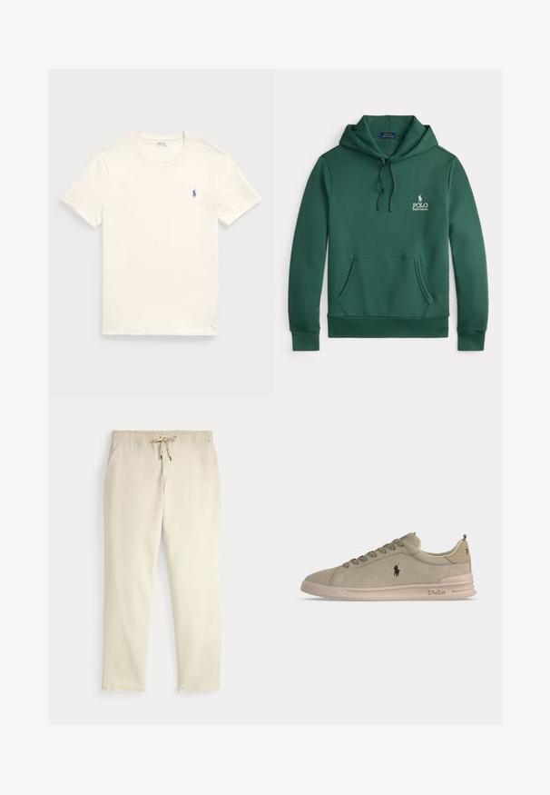 Roheline puuvillane kapuutsiga sviiter, millel on ees kangaroo tasku, kummipaelaga kapuuts ja valge "Polo Ralph Lauren" logo rinnal. Pehme tekstuur.; Kreemi värvi puuvillane T-särk, millel on ümar kaelus ja lühikesed varrukad. Esitleb vasakul rinnal väikest sinist tikandiga logo.; Kreemjatavad vabaaja püksid elastse vöökoha ja tõmbluku, sirgete jalgade ja küljetaskutega tavalise tausta ees.; Hele beežide seemisnahast madala säärega vabaaja jalanõu Polo logoga küljel ja kandadel, ees paeltega ning beeži kummist tallaga.