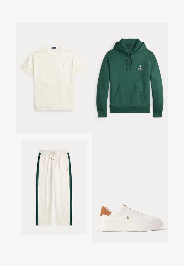 Zelená bavlnená mikina s predným kengurským vreckom, kapucňou so šnúrkami a bielym logom "Polo Ralph Lauren" na hrudi. Mäkka textúra.; Krémovo sfarbené bavlnené tričko s krátkymi rukávmi. Má jemne vyšívané logo na ľavej strane hrudníka a okrúhly výstrih.; Biele tepláky so sťahovacou šnúrkou, námorníckymi modrými a zelenými bočnými pruhmi a malým námorníckomodrým logom hráča póla na pravom stehne.; Biely nízky teniska s béžovou pätovou záložkou, bielymi šnúrkami a malým vyšívaným logom hráča póla na boku nad tlustou podrážkou.