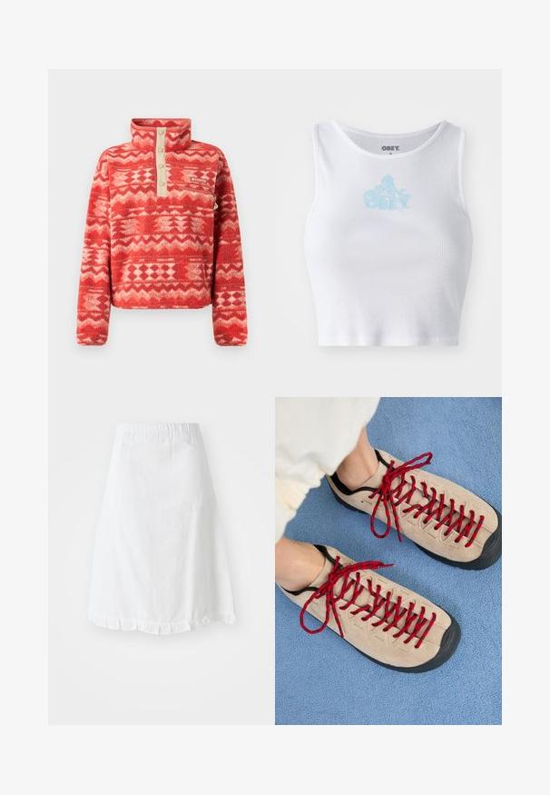Rode fleece trui met een hoge kraag, voorzien van een geometrisch patroon in rood- en crèmekleuren, afgezet met een beige knopenlijst en een zak.; Witte geribbelde crop top met een ronde halslijn en een lichtblauwe "OBEY" logo in het midden van de borst. Soepele textuur en aansluitend ontwerp.; Witte rok met een elastische tailleband, met een gestructureerd patroon en een volantszoom aan de onderkant. Eenvoudig A-lijn ontwerp.; Beige schoenen met rode veters, geplaatst op een blauwe, gestructureerde ondergrond, onthullen gedeeltelijk de enkel van een persoon. De schoenen hebben een sportief ontwerp.