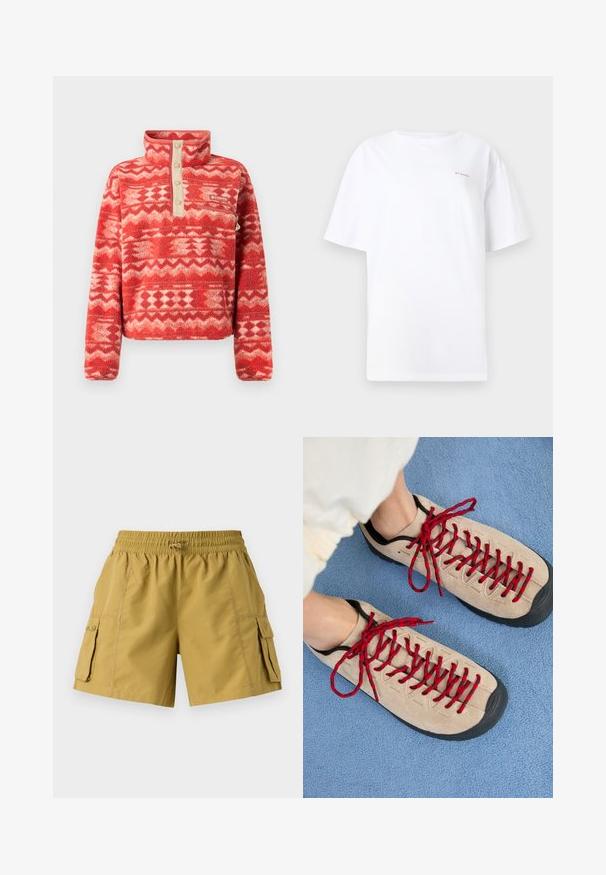 Rode fleece trui met een hoge kraag, voorzien van een geometrisch patroon in rood- en crèmekleuren, afgezet met een beige knopenlijst en een zak.; Witte T-shirt met korte mouwen en ronde hals, met een klein roze Columbia-logo op de linkerborst, tegen een effen achtergrond.; Korte cargo shorts in kaki met een elastische tailleband, trekkoord en twee zijzakken. Gemaakt van lichte stof met een gladde textuur.; Beige schoenen met rode veters, geplaatst op een blauwe, gestructureerde ondergrond, onthullen gedeeltelijk de enkel van een persoon. De schoenen hebben een sportief ontwerp.