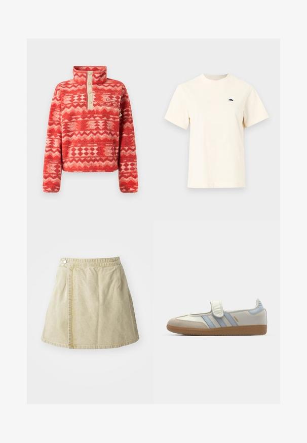 Jersey de forro polar rojo con cuello alto, con un patrón geométrico en tonos de rojo y crema, acentuado por una botonadura y bolsillo beige.; Camiseta de manga corta color crema con cuello redondo y pequeño logo semicircular negro en el pecho izquierdo, diseño liso sobre fondo gris claro.; Minifalda caqui hecha de tela suave, con un cierre de botón lateral, textura lisa y una silueta ligeramente acampanada con un dobladillo por encima de la rodilla.; adidas Originals SAMBA JANE BALLERINA - Bailarinas con hebilla - cloud white/halo blue