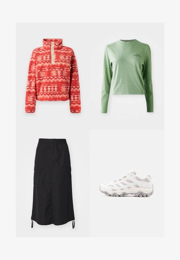 Rød fleece-trøje med høj krave, med et geometrisk mønster i nuancer af rød og creme, fremhævet af en beige knapplade og lomme.; Lys grøn langærmet t-shirt lavet af blødt bomuld, med en rund halsudskæring og et lille trykt logo på øverste venstre side.; Sort mid-length nederdel lavet af letvægtsstof. Har en elastisk talje, knaplukning og sidelommer med snorede detaljer.; Lysegrå vandresko med tekstureret overdel, meshpaneler og gummisål. Har et markant snøresystem og Merrell-logo på siden.