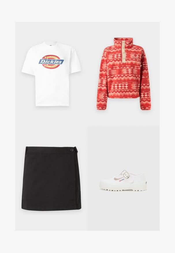 Pull polaire rouge avec un col haut, présentant un motif géométrique en nuances de rouge et crème, rehaussé par une patte de boutonnage beige et une poche.; T-shirt blanc à manches courtes avec un logo fer à cheval rouge et jaune et le texte « Dickies » en bleu à travers la poitrine.; Mini-jupe noire en coton avec fermeture latérale à boutons et ourlet droit, présentée à plat sur un fond blanc.; Chaussure Mary Jane en toile blanche avec semelle épaisse à crampons et boucle argentée, estampillée d'une petite étiquette "Superga" sur le côté.