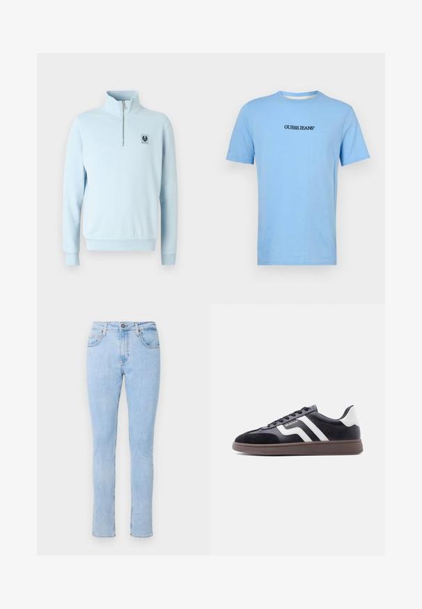 Helles blaues Pullover-Sweatshirt mit hohem Kragen, halbem Reißverschluss und einem kleinen schwarzen Logopatch auf der Brust. Weiches Baumwollmischgewebe.; Helles blaues Baumwoll-T-Shirt mit kurzen Ärmeln und rundem Halsausschnitt, mit einem schwarzen "GUESS JEANS"-Logo, das in der Mitte auf der Vorderseite platziert ist.; Helle blaue Jeans aus Denim mit einem taillierten Design, fünf Taschenstil, Frontknopfverschluss und subtiler Ausbleichung. Schlanker Schnitt mit geraden Beinen.; Schwarze Sneaker aus Velours- und synthetischem Material mit weißen diagonalen Streifen und brauner, strukturierter Sohle. Verfügt über ein Schnürdesign und gepolsterten Kragen.
