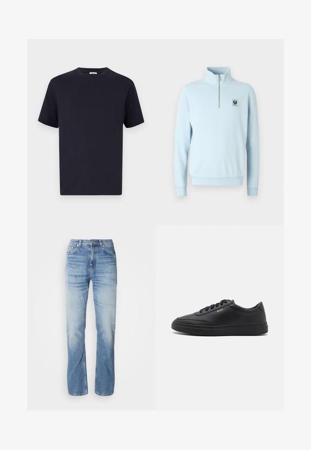 Sudadera de color azul claro con cuello alto, media cremallera y un pequeño parche de logo negro en el pecho. Tejido suave de mezcla de algodón.; Camiseta de algodón azul marino con escote redondo, manga corta y corte relajado; textura suave; sin patrones o elementos metálicos visibles.; Jeans de mezclilla azul claro con corte recto, acabado desgastado, cinco bolsillos y cierre de botón. Diseño clásico y grosor medio.; Zapatillas de cuero negro con una textura suave, punta redondeada, suela plana de goma y cordones a tono. Presentan el logotipo dorado "BOSS" en el lateral.