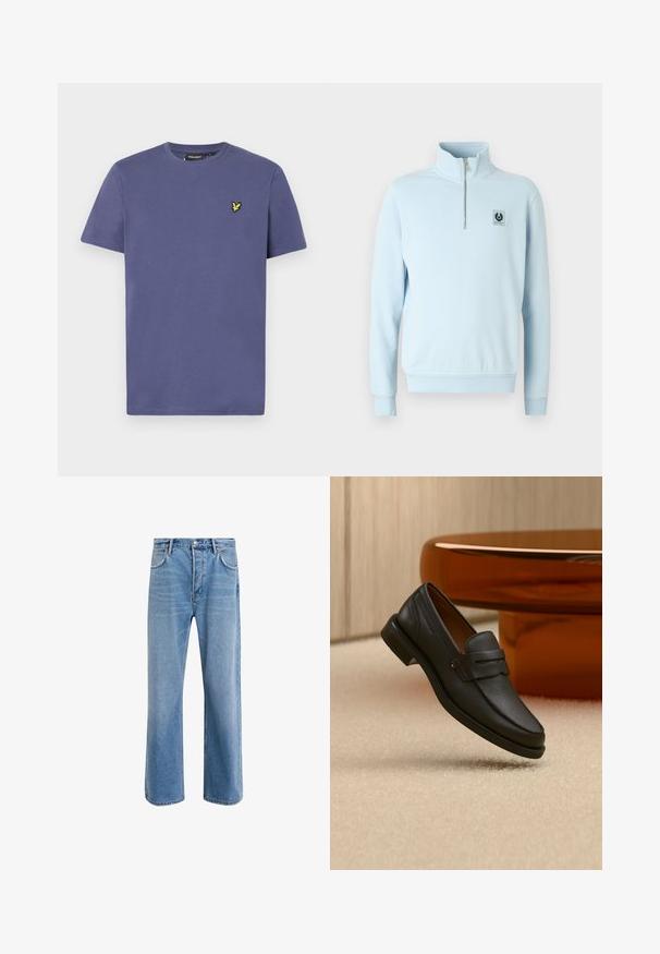 Pull-over de couleur bleu clair avec un col montant, demi-fermeture éclair, et un petit patch logo noir sur la poitrine. Tissu doux en mélange de coton.; T-shirt en coton violet clair à manches courtes, col rond et avec un petit logo jaune brodé sur la poitrine.; Jeans en denim bleu clair avec une coupe droite, cinq poches, fermeture à bouton, peu d'usure et des détails de couture contrastés.; Mocassin homme en cuir noir avec une bande sur le dessus, présenté sur un tapis beige près d'une table ronde moderne marron.