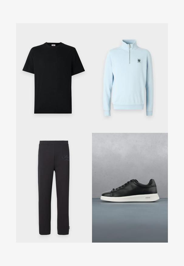 Helles blaues Pullover-Sweatshirt mit hohem Kragen, halbem Reißverschluss und einem kleinen schwarzen Logopatch auf der Brust. Weiches Baumwollmischgewebe.; Schwarzes T-Shirt mit kurzem Arm und Rundhalsausschnitt, flach auf einem weißen Hintergrund liegend, mit einem kleinen Markenlabel im Kragen.; Schwarze Jogginghosen mit einem elastischen Bund, die ein dezentes aufgedrucktes Logo am linken Oberschenkel und ein gerades Bein-Design aufweisen.; Schwarze Leder-Sneaker mit weißer strukturierten Sohle, runder Zehenpartie und sechs Ösen. Verfügt über dezente Markenkennzeichnung an der Ferse. Insgesamt glatte Oberfläche.