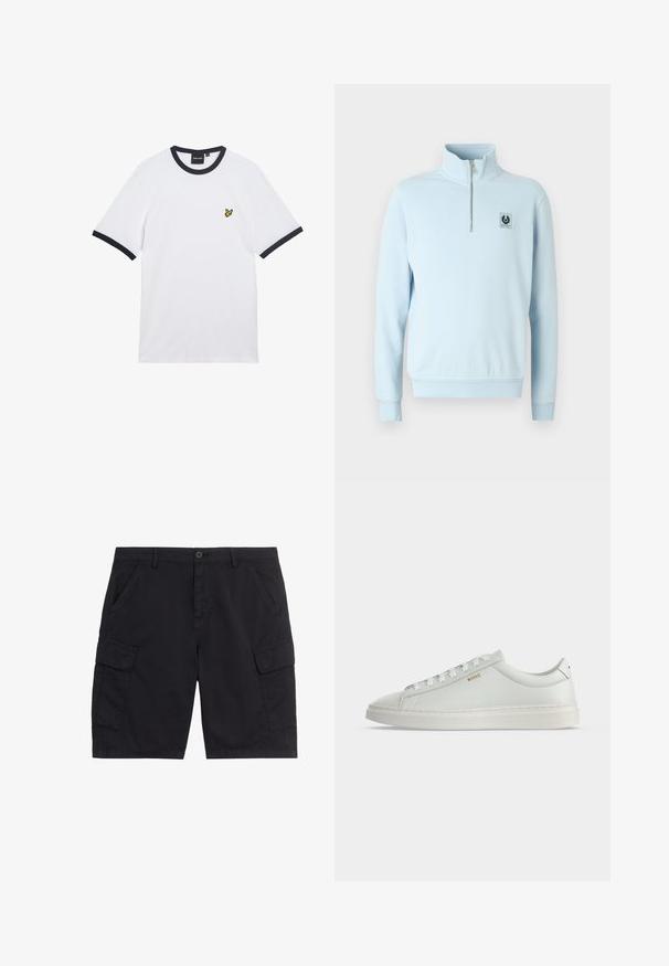Sudadera de color azul claro con cuello alto, media cremallera y un pequeño parche de logo negro en el pecho. Tejido suave de mezcla de algodón.; Camiseta blanca de algodón con cuello y bordes de las mangas en canalé azul marino. Cuenta con un pequeño logo bordado amarillo en el pecho.; Pantalones cortos cargo negros con botón y cremallera delanteros, dos bolsillos laterales, dos bolsillos cargo con solapa y presillas para cinturón.; Zapatilla blanca de cuero de corte bajo con cordones, suela plana y pequeño logo dorado "BOSS" en el lateral, vista desde el lado exterior.