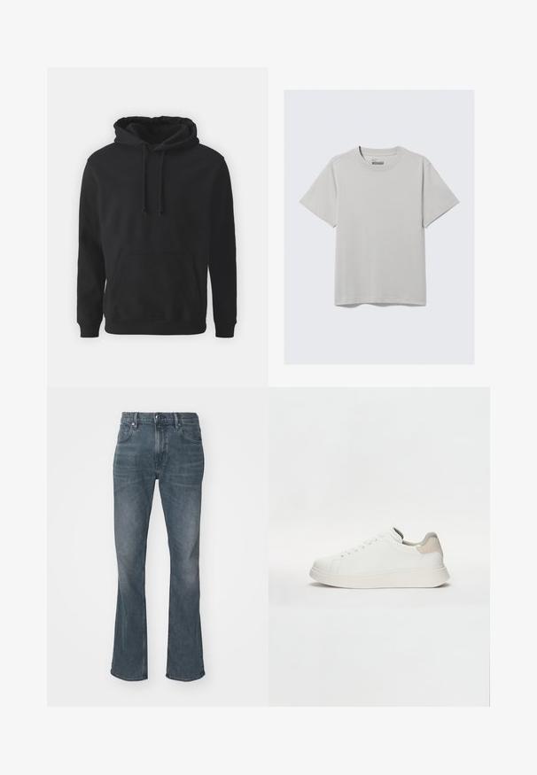 Sudadera con capucha negra, hecha de tela suave, que cuenta con un bolsillo frontal, capucha con cordones y puños y dobladillo acanalados. Diseño simple y sin adornos.; Camiseta de algodón gris claro con cuello redondo y mangas cortas, que presenta un diseño minimalista y un corte relajado. Sin estampados ni acentos.; Vaqueros de mezclilla azul oscuro con ligero desgaste, corte recto en la pierna, cierre con botón y cremallera, y bolsillos delanteros y traseros.; Zapatilla blanca con parte superior sintética suave, puntera redonda, cordones planos y acento en el talón beige en contraste. Suela de goma gruesa con agarre texturizado.