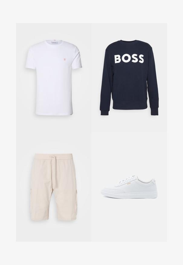 Navyblauwe sweatshirt, ronde hals, lange mouwen, met grote witte "BOSS" tekst op de voorkant. Zacht materiaal met een comfortabele pasvorm.; Witte katoenen t-shirt met korte mouwen, met een klein oranje "II" logo op de linkerborst en een ronde halslijn. Eenvoudig ontwerp en textuur.; Beige cargoshorts met een elastische tailleband en trekkoord, voorzien van twee zijzakken en een soepele, lichte stof.; Witte leren sneakers met een gladde textuur, ronde neus en tonale stiksels. Voorzien van blauwe veters en een gouden logo op de zijkant.