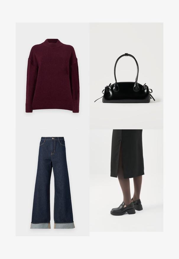Pull en maille bordeaux avec un col montant à côtes, des épaules basses et un ourlet côtelé. Fabriqué à partir d'un matériau doux et texturé.; Jean en denim foncé à jambes larges avec des coutures orange, présentant une taille haute, deux poches avant et des ourlets retroussés mettant en valeur un tissu contrastant bleu clair.; Femme portant des mocassins noirs à talons épais, des collants noirs transparents et une jupe noire fendue à l'arrière sur fond blanc.; Petit sac à main noir brillant avec deux longues anses et des détails à cordon sur les côtés sur un fond clair uni.