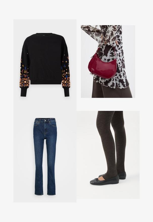 Sort sweatshirt med blomsterbroderi i levende farver på ærmerne, med rund halsudskæring og ribkantede manchetter.; Højtaljede blå denim jeans med lige ben-design, der har fem lommer, diskret slidmærker og hardware-accenter i kobberfarve.; Ben iført mørke ribbede leggings kombineret med sorte balletsko med små sløjfedetaljer på hvid baggrund.; Kvinde iført en sort- og hvidmønstret bluse, der holder en blank rød skuldertaske mod en ensfarvet baggrund.