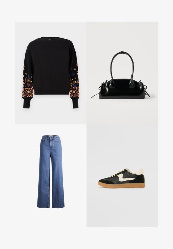 Zwarte sweatshirt met bloemenborduursels in levendige kleuren op de mouwen, voorzien van een ronde halslijn en geribbelde manchetten.; Lichtblauwe denim wijde jeans met een hoge taille, twee voorzakken en zichtbare stiksels. Voorzien van een knoop- en ritssluiting.; Zwarte suède en leren sneaker met een crèmekleurige zij-swoosh en lichte crèmekleurige hiel. Voorzien van beige veters en een gumrubberen zool.; Kleine zwarte glanzende handtas met twee lange hengsels en zijkant trekkoord details op een effen lichte achtergrond.