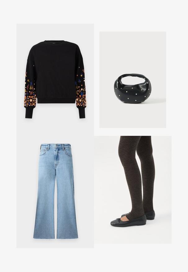 Sort sweatshirt med blomsterbroderi i levende farver på ærmerne, med rund halsudskæring og ribkantede manchetter.; Lys blå, brede jeans lavet af denim med en tekstureret overflade. Har en mellemhøj talje og rå kantdetaljer.; Ben iført mørke ribbede leggings kombineret med sorte balletsko med små sløjfedetaljer på hvid baggrund.; Sort læderhåndtaske med en rundet form, dekoreret med sølvnitter, og et kort håndtag. Glat tekstur og lynlåslukning.