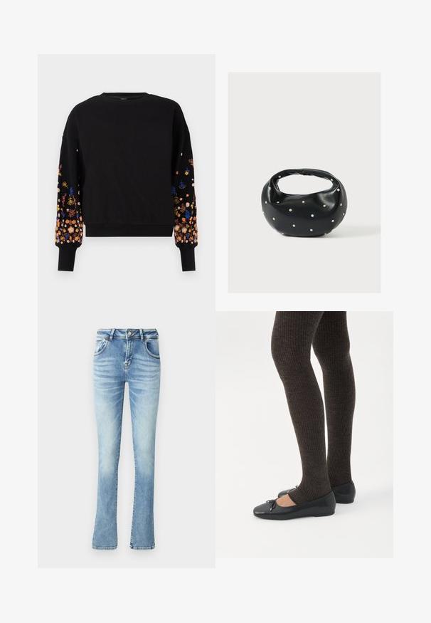 Must-havesinine must-havesinid must-havesinine must-havesinid must-havesinidnevakita neetud must-havesini neetud must-havesinidneid must-havesinid. Särava lilleline tikand varrukatel, ümar kaelus ja soonikuga mansetid.; Heledad sinine denimist vabaaja püksid, keskmise kõrgusega talje, viis taskut, õmmeldud õmblused ja kerged fading'u efekti jäljed reitel.; Jalad seljas tumedad soonelises soonelises kombines mustade baleriinadega, millel on väikesed paelade detailid valgel taustal.; Mustast nahast ümmarguse kujuga käekott, kaunistatud hõbedaste naeladega, lühikese sangaga. Sile tekstuur ja tõmblukuga sulgemine.