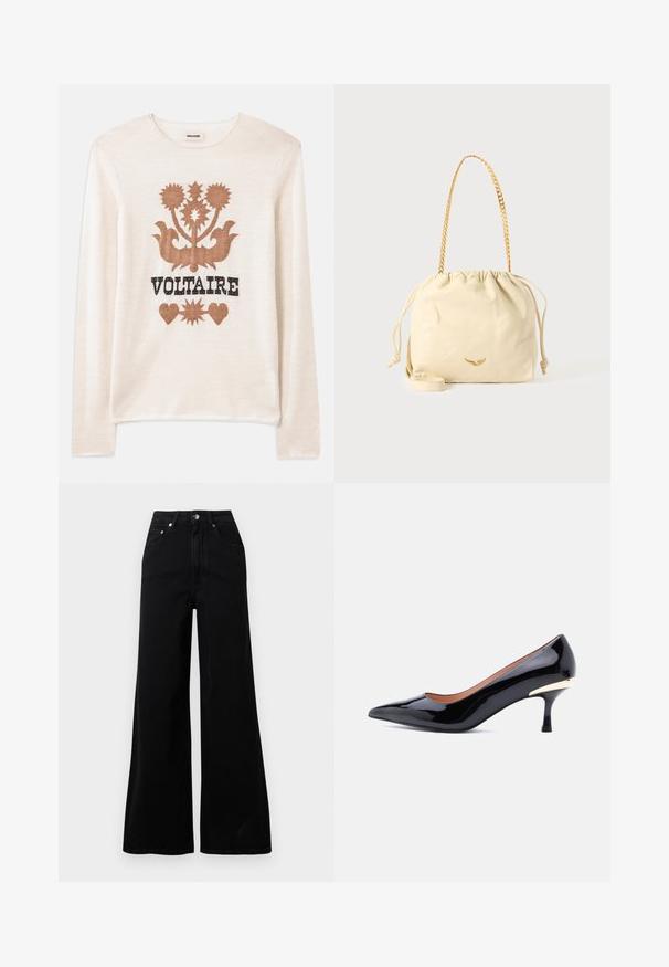 Cremefarvet langærmet sweater lavet af blødt materiale, prydet med et brunt blomstermotiv og ordet "VOLTAIRE" i sort. Diskret struktur og neutral farve.; Sorte jeans med vide ben lavet af denim, med høj talje, fem lommer, knaplukning foran og minimal syning.; Sort laklæder kitten heel-sko med spids tå og gyldent accent på bagsiden af hælen, vist på en hvid baggrund.; Creme læder pose med snøre og en gylden kædehåndtag, der har et minimalistisk design og en lille metalaccent på forsiden.