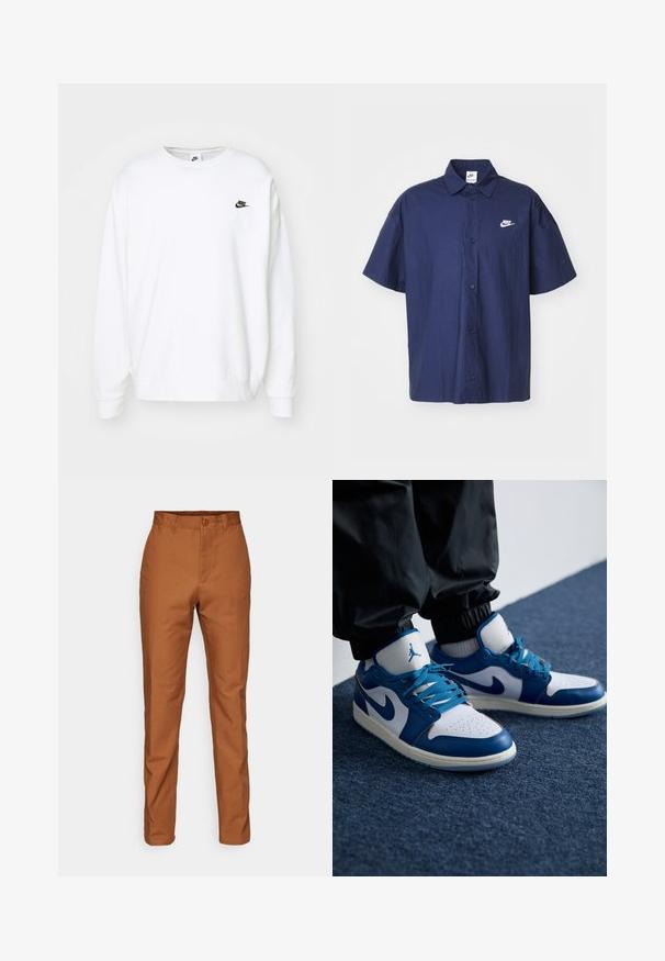 Valge puuvillaseguseg sweatshirt, millel on pikad varrukad, soonikkoes kraed ja soonikkoes mansetid. Rinnal on väike must Nike'i logo.; Tumesinine lühikeste varrukatega nööpidega särk, millel on kortsus tekstuur ja valge Nike logo vasakul rinnal. Omab standardset kraed ja musti nööpe.; Pruunid puuvillased püksid sirge lõikega, nupuga kinnituse ja küljetaskutega. Sile tekstuur ja ühtlane värv üle kogu.; Nike Air Jordan tennisijalad on valge nahast alus siniste sünteetiliste detailidega, aukudega varbakoht ja sinised paelad.