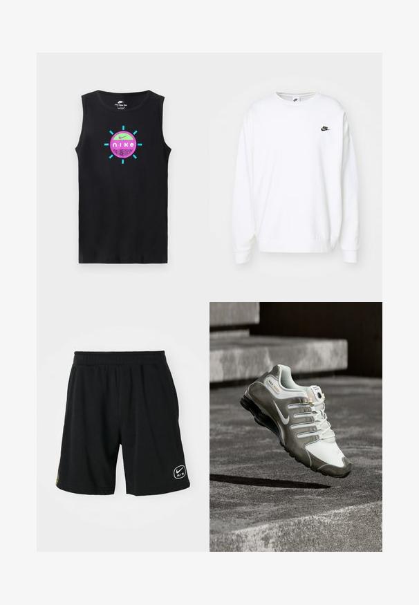 Valge puuvillaseguseg sweatshirt, millel on pikad varrukad, soonikkoes kraed ja soonikkoes mansetid. Rinnal on väike must Nike'i logo.; Must have käised särk, millel on ümmargune kunsti kujundus lilla ja türkiissinisega, mille ümber on türkiissinised kiired ning tekst "Nike".; Mustad mustad sportpüksid, mis on valmistatud pehmest kangast, elastse vöökoha, logosilti ja kontrastsete kollaste triipudega külgedel.; Valge ja hall Nike Shox toss musta tallaga hõljumas betoonastmete kohal pehme loomuliku valguse käes.
