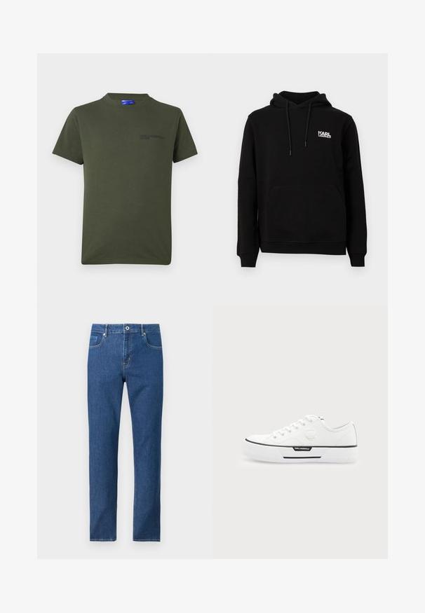 Schwarzer Hoodie aus weichem Stoff mit einer vorderen Kängurutasche, Kapuze mit Zugband und weißem "KARL LAGERFELD"-Logo auf der Brust.; Olivenfarbene Baumwoll-T-Shirt mit kurzen Ärmeln, Rundhalsausschnitt und einem kleinen, dunkelbedruckten Logo auf der linken Brustseite. Einfaches Design.; Blaue Jeans mit geradem Bein, vorn mit Knopf und Reißverschluss, vorne und hinten Taschen, auf weißem Hintergrund dargestellt.; Weißer Sneaker mit niedrigem Schaft, dicker Sohle, vorne Schnürung, schwarzem Streifendetail und Karl Lagerfeld Logo an der Seite und Fersenlasche.