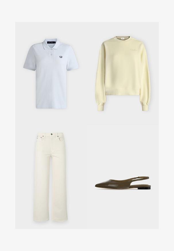 Sweat-shirt à manches longues couleur crème avec poignets et ourlet côtelés, et un logo brodé discret près de l'encolure sur un fond uni.; Polo blanc à manches courtes avec deux boutons, logo Fred Perry sur la poitrine gauche, et col plié.; Jean droit couleur écrue avec bouton devant, fermeture éclair, passants pour ceinture et design cinq poches sur fond clair.; Chaussure plate à bout pointu vert olive avec bride arrière, talon noir bas et finition lisse et brillante.