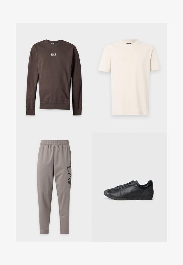 Bruine trui met lange mouwen en ronde hals met wit EA7 Emporio Armani-logo in het midden van de borst tegen een effen achtergrond.; Off-white T-shirt met korte mouwen en een ronde hals, met een subtiel geprofileerd "EA7 Emporio Armani" logo over de borst, weergegeven tegen een effen achtergrond.; Lichtgrijze taps toelopende joggingbroek met elastische tailleband en zwarte "E A7" tekst verticaal gedrukt op de rechterdij.; Zwarte leren sneakers met een textuurstofpaneel, ronde neusvorm, vetersluiting aan de voorkant en een rubberen zool met een zigzagpatroon.