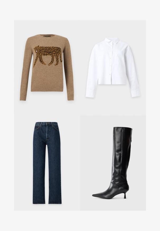Kamel-farbener Strickpullover mit detailliertem Muster eines laufenden Leoparden über der Brust, gerippte Bündchen und Saum, Rundhalsausschnitt.; Weißes langärmeliges Hemd mit Kragen und Brusttasche, flach auf einem einfarbigen hellen Hintergrund ausgelegt.; Dunkelblaue Jeans mit geradem Bein, Vordertaschen und Knopfverschluss, flach auf hellem Hintergrund dargestellt.; Schwarze Lederstiefel bis zum Knie mit spitzem Zehenbereich und schmalem, geschwungenem Absatz. Glatte Textur, enganliegendes Design und keine sichtbaren Beschläge oder Muster.