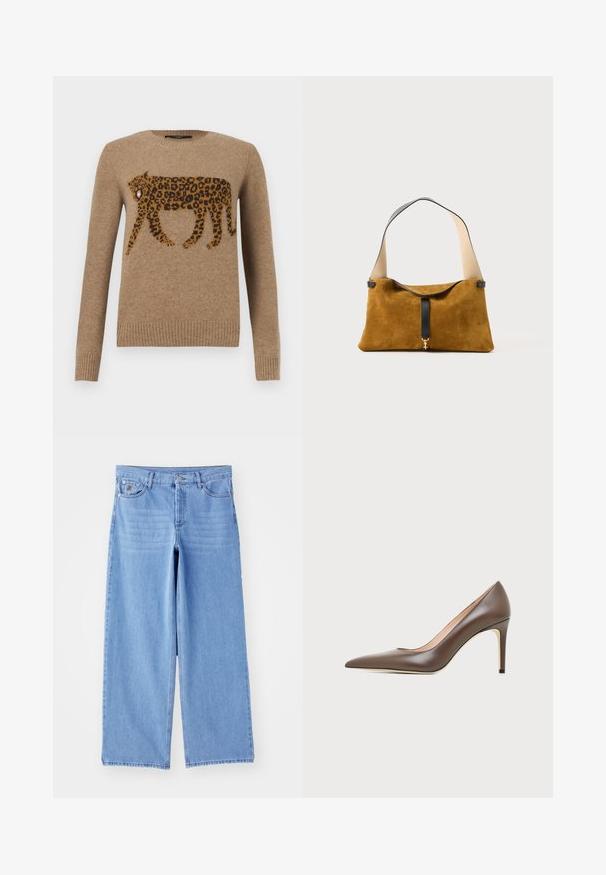 Camelkleurige gebreide trui met een gedetailleerd patroon van een lopende luipaard over de borst, geribde manchetten en zoom, ronde hals.; Lichtblauwe wijde jeans van denim, met een klassieke vijf-pocketontwerp en een knoopsluiting. Soepele textuur, rafelige zoom.; Bruine leren pump met spits toelopende neus, slanke naaldhak en een gladde afwerking op een lichte achtergrond.; Zachte bruine suède schoudertas met brede beige schouderband, zwarte rand en kleine gouden gesp aan de voorkant in het midden.