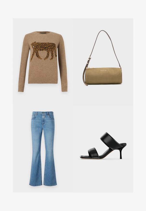 Camelkleurige gebreide trui met een gedetailleerd patroon van een lopende luipaard over de borst, geribde manchetten en zoom, ronde hals.; CLOSED JOVANNA - Bootcut jeans - light blue; Zwarte leren mule sandaal met twee brede banden en een slanke, middelhoog stilettohak op een effen lichte achtergrond.; Olijfgroene cilindervormige leren handtas met een dun verstelbaar hengsel en een gouden Michael Kors-logo aan de voorkant.