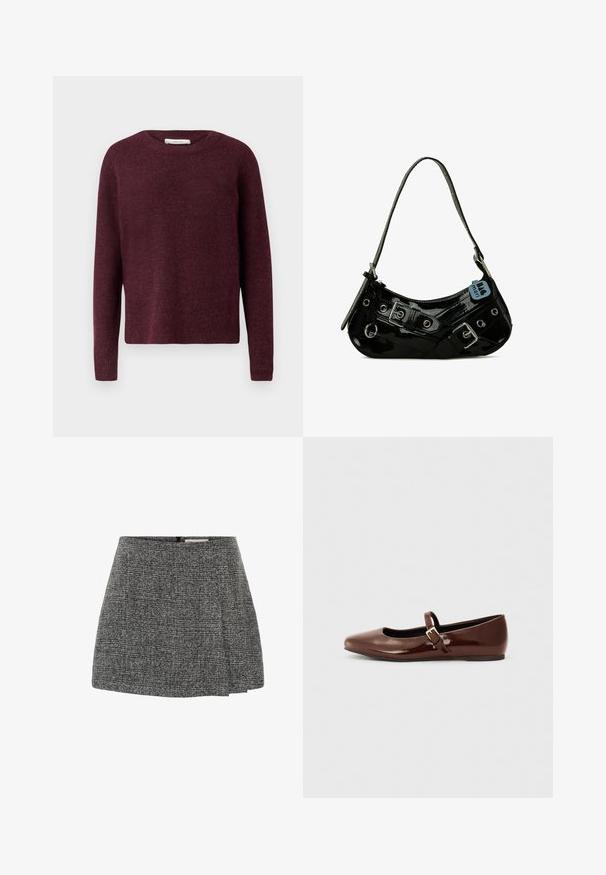 Selected SLFLULU O NECK - Pullover - fig; Jupe grise texturée avec un design plissé, munie d'une fermeture éclair à l'arrière. Le matériau présente un motif tissé, créant un léger effet de profondeur.; Ballerine en cuir verni marron avec un bout carré et une lanière ornée d'une petite boucle dorée. Texture lisse, talon bas et design minimaliste.; Sac à main en cuir verni noir avec une forme incurvée, présentant des ferrures en argent, des boucles décoratives et une bandoulière courte. Étiquette bleue attachée.