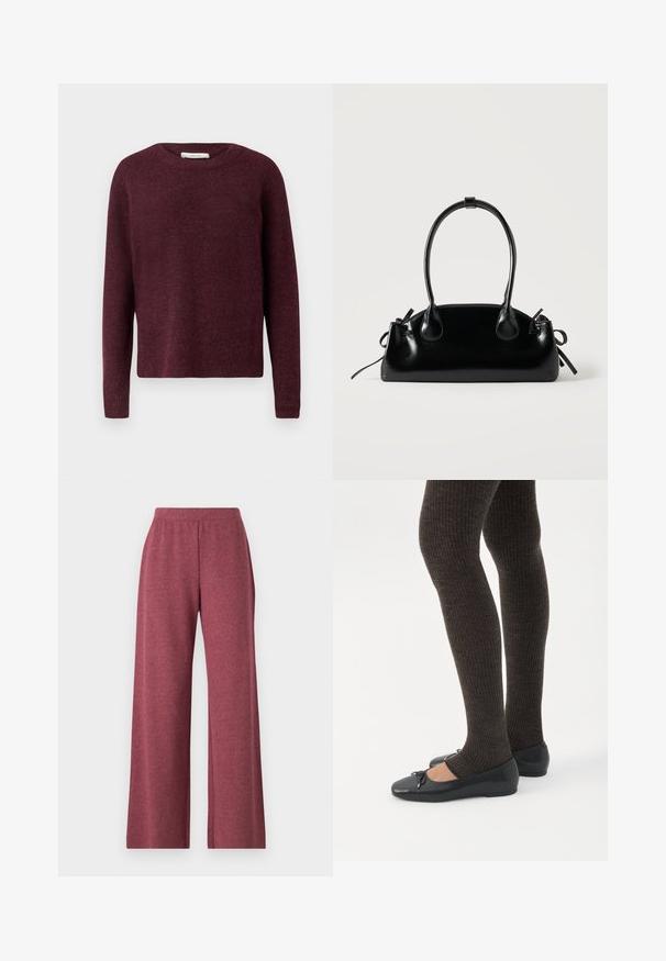 Selected SLFLULU O NECK - Pullover - fig; Pantalons larges bordeaux en tissu doux et texturé, dotés d'une taille élastique et d'un design ample et fluide.; Jambes portant des leggings côtelés foncés associés à des ballerines noires avec de petits détails en nœud sur fond blanc.; Petit sac à main noir brillant avec deux longues anses et des détails à cordon sur les côtés sur un fond clair uni.
