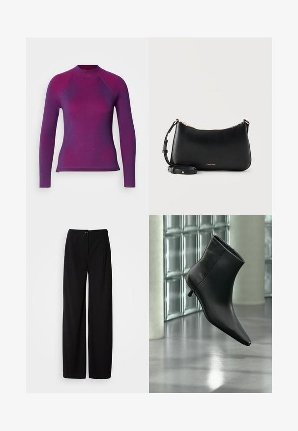 Top à manches longues côtelé en violet foncé avec des rayures violet plus clair. Encolure haute et design à ourlet fendu pour faciliter le mouvement.; Pantalons large en noir avec un tissu tissé lisse ; dotés d'une fermeture à bouton et d'un design plissé pour une silhouette structurée.; Bottine en cuir noir à bout pointu et petit talon kitten, présentée en angle devant un sol poli et un mur en blocs de verre.; Sac à bandoulière en cuir noir Calvin Klein avec fermeture éclair dorée et sangle réglable sur fond clair uni.
