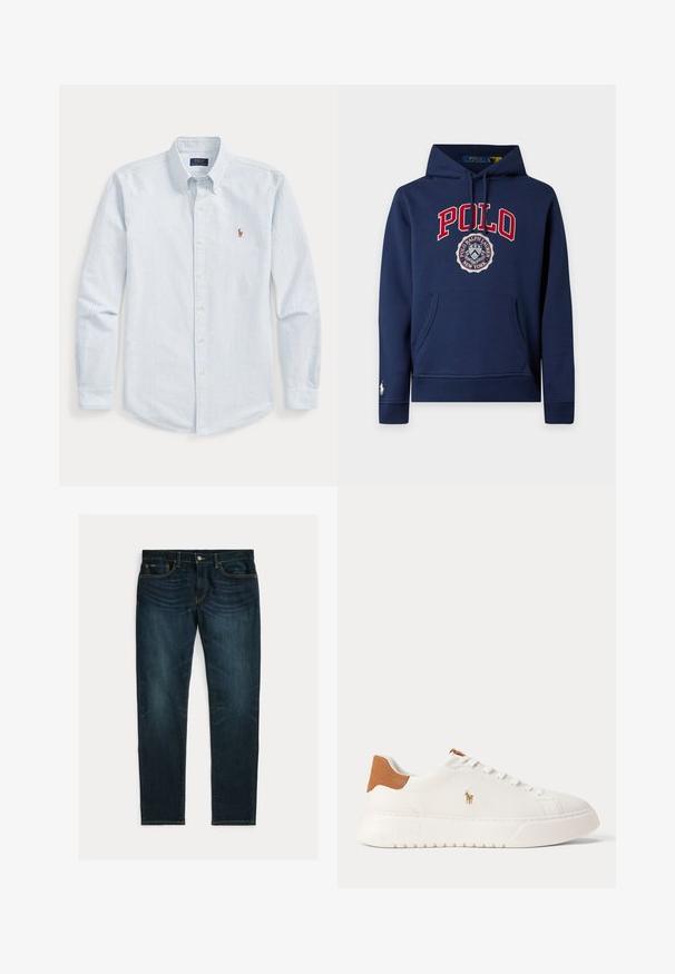 Marineblauwe hoodie met voorzak, rode POLO-tekst, Ralph Lauren-wapen in het midden en klein wit logo op de linkermouwmanchet.; Overhemd met lange mouwen en knopen, lichtblauwe en witte strepen, een met knopen sluitende kraag en een klein geborduurd logo op de borst.; Donkerblauwe slim-fit jeans met lichte vervaging en vijfzakkenontwerp, plat gelegd op een witte achtergrond.; Witte lage sneaker met beige hieltab, witte veters en klein geborduurd polo spelerlogo aan de zijkant boven een dikke zool.