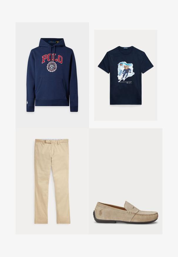 Tmavomodrá mikina s kapucňou a predným vreckom, červeným nápisom POLO, erbom Ralph Lauren v strede a malým bielym logom na manžete ľavej rukávy.; Tmavomodré bavlnené tričko s grafikou medveďa na lyžiach, ktorý má na očiach okuliare, s vrtuľníkom nad ním a zasneženými horami v pozadí.; Béžové nohavice s rovnými nohavicami, s pútkami na opasok a predným zipsom, položené na bielom pozadí.; Béžové semišové mokasíny s prešívaním, plochou gumenou podrážkou a malým logom na strane. Klasický dizajn na obúvanie, mäkká textúra.