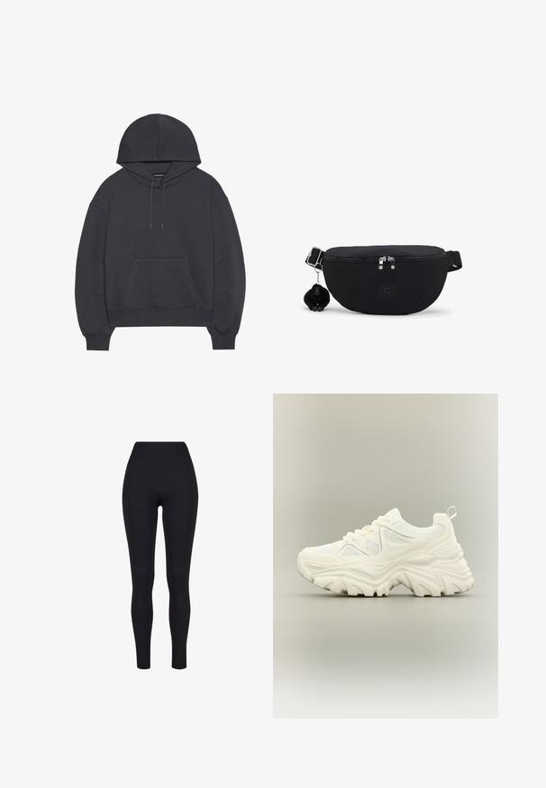 Mørkegrå hættetrøje med kengurulomme, ribbede manchetter og nederste kant. Fremstillet af blødt tekstil med synlige sømdetaljer.; Sorte højtaljerede leggings, lavet af strækbart stof, med en glat tekstur og en tætsiddende design uden synlige sømme eller mønstre.; Hvid chunky sneaker med tyk tekstureret sål, mesh paneler, snørelukning foran og trækstrop ved hælen på en neutral baggrund.; Sort bæltetaske med dobbelt lynlås, justerbar rem og lille plyssabel abe-nøglekæde fastgjort i siden.