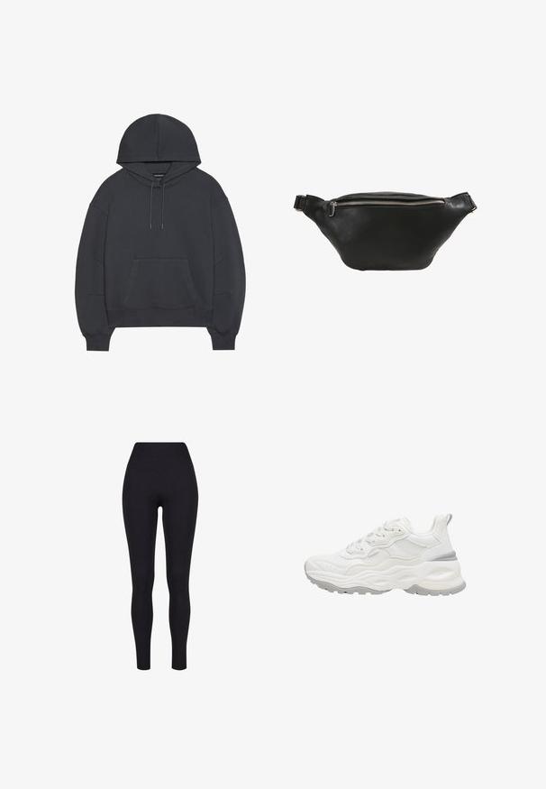 Sweatshirt à capuche gris foncé avec une poche kangourou, des poignets et un ourlet côtelés. Fabriqué en textile doux avec des détails de couture visibles.; Leggings noirs taille haute, fabriqués à partir d'un tissu extensible, présentant une texture lisse et un design ajusté sans coutures ni motifs visibles.; Baskets blanches épaisses avec semelle texturée, tige en mesh et cuir, fermeture à lacets et languette au talon sur fond blanc.; Sac banane en cuir noir avec une texture lisse, une forme courbée et une fermeture éclair en argent. Dispose d'une seule sangle ajustable.