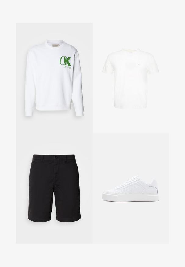 Sudadera blanca de algodón, con un logo verde de "CK" y texto en el lado izquierdo del pecho, con puños y dobladillo de canalé.; Camiseta blanca de manga corta con cuello redondo y pequeño logo "ck" bordado en el pecho izquierdo.; Pantalones cortos negros de tela ligera, con cierre de botón, cintura estándar y corte recto. Sin patrones ni acentos visibles.; Zapatilla blanca de perfil bajo con patrón geométrico en relieve, cierre de cordones y suela gruesa, mostrada de perfil sobre un fondo blanco.