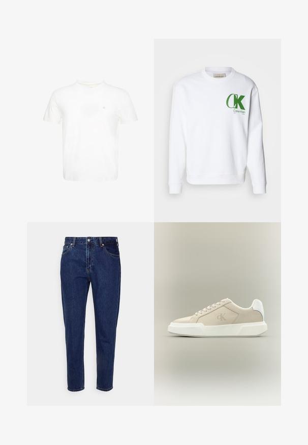 Sudadera blanca de algodón, con un logo verde de "CK" y texto en el lado izquierdo del pecho, con puños y dobladillo de canalé.; Camiseta blanca de manga corta con cuello redondo y pequeño logo "ck" bordado en el pecho izquierdo.; Vaqueros de mezclilla azul oscuro de corte recto, con cierre frontal de botón y cremallera, trabillas para cinturón y bolsillos delanteros y traseros.; Zapatilla beige de corte bajo con suela blanca gruesa, cordones, lengüeta blanca en el talón y logo sutil de CK en el panel lateral.