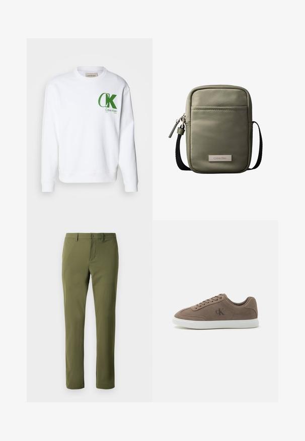 Hvid sweatshirt lavet af bomuld, med et grønt "CK" logo og tekst på venstre bryst, samt ribbede manchetter og kant.; Olivengrønne bukser lavet af glat stof med lige snit, har en knappelukning og bæltestropper. Ingen synlige mønstre eller accenter.; Taupe ruskind lavtop sneaker med beige snørebånd, hvid gummisål og subtil "cK" logo på siden.; Kompakt korsbodytaske i olivengrøn med forlomme, sort justerbar rem, lynlåslukning og Calvin Klein logo-plakette.