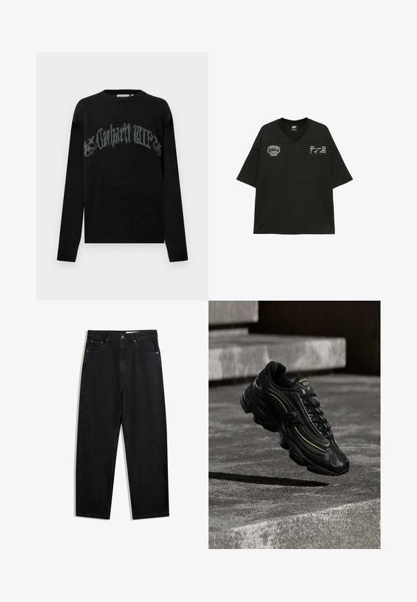 Čierny sveter s dlhými rukávmi a okrúhlym výstrihom, s vyblednutým sivým gotickým textom „Carhartt WIP“ oblúkovite cez hruď.; Čierne tričko s krátkym rukávom a výstrihom do V s bielym grafickým textom a kruhovým logom na hrudi.; Čierne denimové nohavice vo voľnom strihu. Obsahujú päť vreciek, kovové zapínanie na gombík a kontrastné stehy. Hladká textúra, minimalistický dizajn.; Čierna teniska New Balance s neonovo zelenými akcentmi vznášajúca sa nad sivými betónovými schodmi v tlmenom svetle.