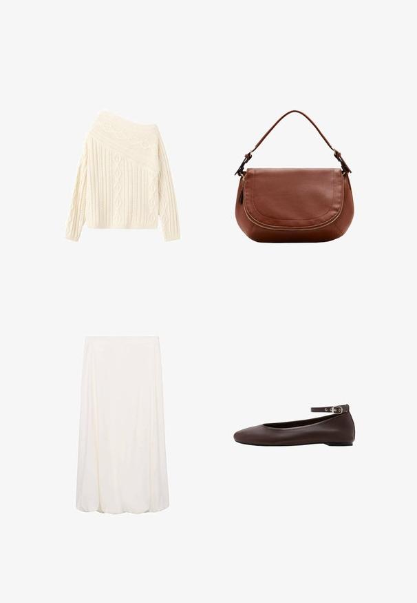 Pull en tricot crème avec un design épaule dénudée, présentant des motifs texturés en losange et en côtes, des manches longues et un ourlet ajusté.; Jupe blanche mi-longue avec un design fluide et une texture douce. Style simple sans motifs visibles ni détails en métal.; Chaussure plate marron foncé avec bout arrondi et bride de cheville réglable avec boucle argentée sur fond blanc.; Sac à bandoulière en cuir marron avec rabat arrondi et détail de fermeture éclair dorée, doté d'une bandoulière réglable unique.