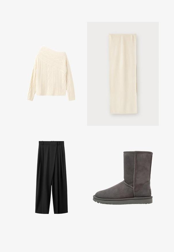 Cremefarvet strikket sweater med off-shoulder-design, der har teksturerede diamant- og ribmønstre, lange ærmer og en tætsiddende kant.; Sorte bukser med vide ben, høj talje, frontplisseringer, bæltestropper og skjult lukning foran.; Grå ruskinds ankelstøvle med en rund tå, lodrette sømdetaljer og en flad gummisål. Har et enkelt, uudsmykket design.; Cremefarvet strikket tørklæde med ribbet overflade, let foldet. Letvægtigt stof og aflang rektangulær form.
