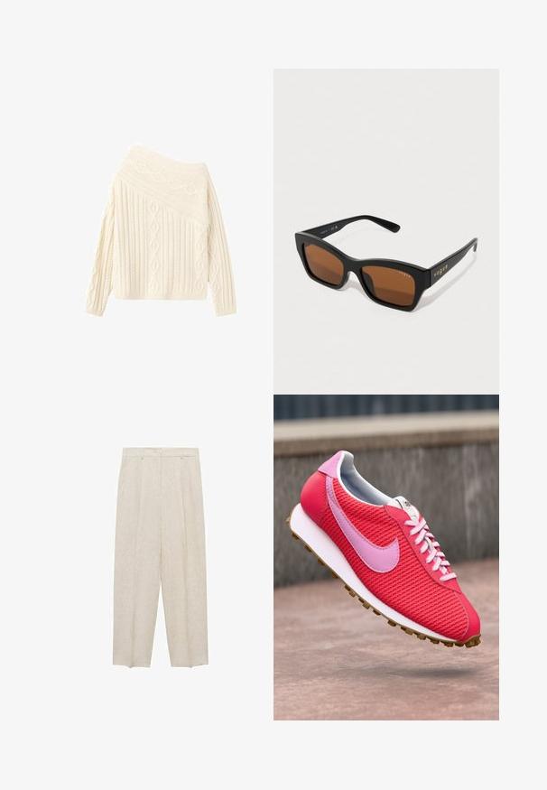 Cremefarvet strikket sweater med off-shoulder-design, der har teksturerede diamant- og ribmønstre, lange ærmer og en tætsiddende kant.; Beige linnedragter med en løs pasform, der har en knaplukning, to frontlommer og et tekstureret stof med subtile folder.; Lys pink og rød strikket sneakers med lyserød logo og snørebånd, hvid sål og brun bund flyvende over en betonoverflade.; Sort rektangulære solbriller med brune linser, matte overflade, iøjnefaldende form og guld "vogue" branding på templet.